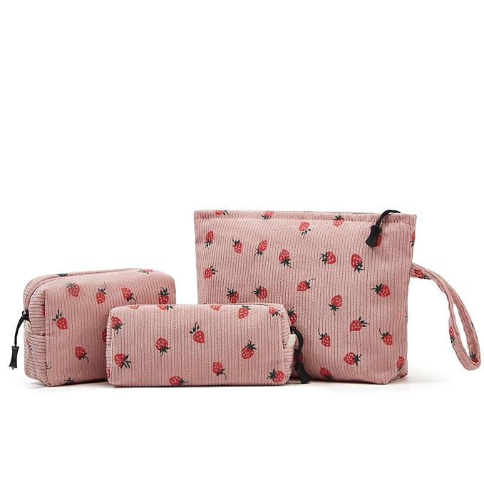 Makeup bag set small Cosmetic bag for women purse Corduroy Organizer with interior Pockets,cute Pencil zipper Pouch travel Toiletry Bag with handle((Strawberry Pink)