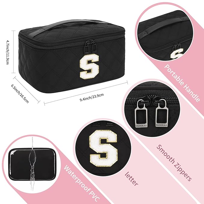 OCHEAL Makeup Bag for Women, Monogram Cosmetic Bag with Brush Holder,Black Travel Makeup Case Beauty Toiletry Bag Organizer Personalized Gifts for Girls Bridesmaid, Sister, Wife, Friends Initial S
