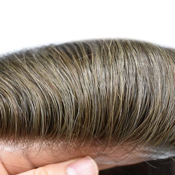 French Lace Mens Toupee Hairpieces Soft Human Hair Replacement System Natural Hairline Toupee for Men Lace Center with Poly V-Looped Man hair Units 8"X10" 4# MEDIUM BROWN