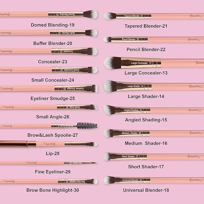 Bueart Design Labeled 30Pcs Professional Deluxe Makeup Brushes set with Extra large holder case for Foundation Face Blending Blush Concealers Eyeshadow