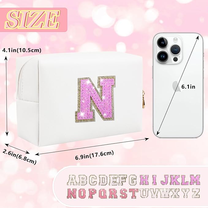 Personalized Initial Letter Makeup Bag, Small Glitter Letter Patch Cosmetic Pouch Zipper, Preppy Makeup Organizer PU Waterproof Travel Toiletry Bag, Monogrammed Birthday Gift for Women Girls