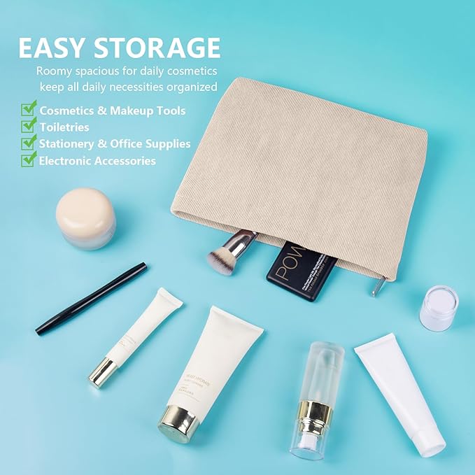 FITDON 2PCS Cosmetic Bags for Women Makeup Bag for Purse Small Corduroy Makeup Pouch Travel Make Up Bag with Zipper Toiletry Bag Organizer