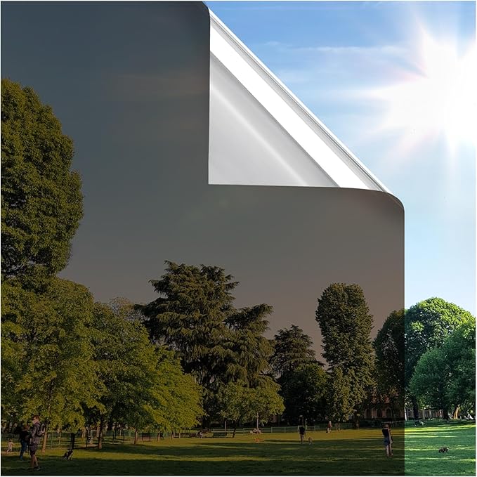 rabbitgoo Window Privacy Film One Way Window Tint for Home, Removable Reflective Heat Sun Blocking Anti UV Glass Door Covering, Mirror Tinting Film House Office, 23.6 in X 6.5 Feet, Brown Silver