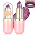 Glitter Lipstick Makeup, Rose Purple Holographic Metallic Lip Stick Long Lasting Lightweight Non-Sticky Hydrating Lip Tinted Full Coverage High-Shine Sparkling Chameleon Lipstick for Women