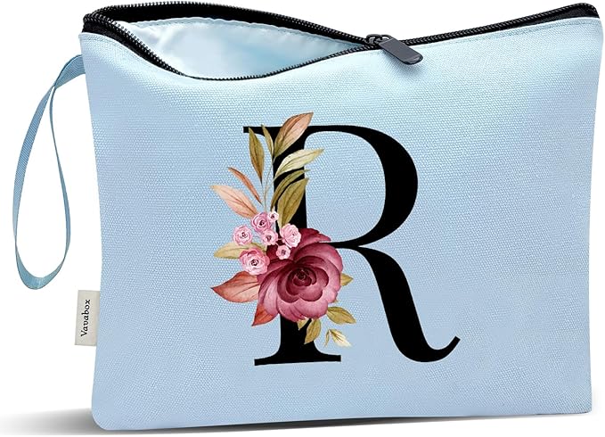 Vavabox A-Z Personalized Makeup Bag, Birthday Gifts for Women Mom, Gifts for Best Friend, Bride Bridesmaid Cosmetic bag (R, Blue)