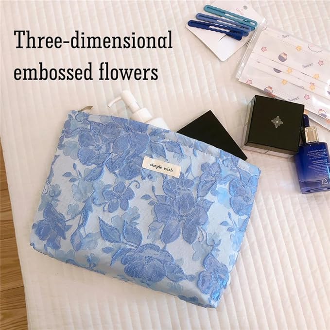 STARDW Aesthetic Floral Makeup Bag Cute Small Cosmetic Bags for Women Girls, Travel Toiletry Bag Large Capacity Zipper Makeup Pouch, Purse Organizer Pouches (Embossed Flowers)