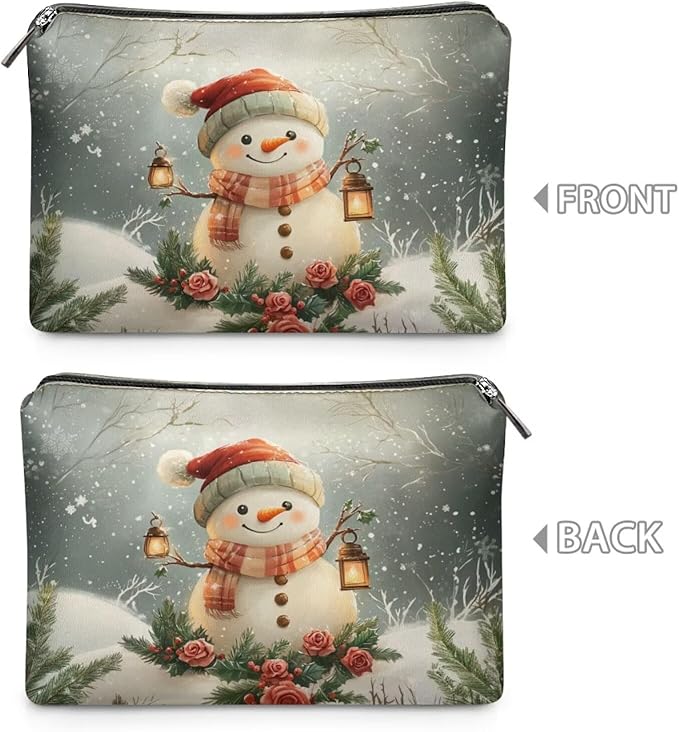 COEQINE Makeup Pouch For Purse Leather Snowman Purses for Women Travel Vintage Floral Cosmetic Bag Portable Travel Storage Toiletry Bag for Womens Holiday Christmas Birthday Gifts
