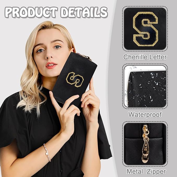 Small Travel Initial Preppy Makeup Bag, Cute Black Cosmetic Organizer Toiletry Zipper Pouch Make Up Bag for Purse, Waterproof Chenille Letter Make Up Storage Personalized Gift for Sister Mom(Letter S)