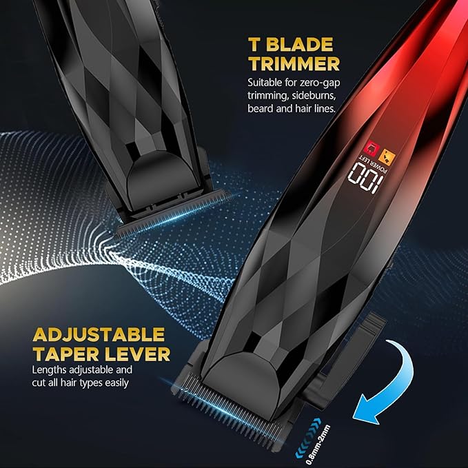 2-in-1 Professional Hair Clippers Set,Cordless Hair Clippers and T-Blade Trimmer Kit for Men,LCD Display,USB Rechargeable,Adjustable Guards,Waterproof,Beard & Body Grooming Kit (Red)