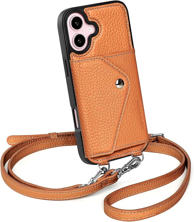 LUCKYCOIN Crossbody Wallet Phone Case for iPhone 16,100% Genuine Leather Wallet Phone Case with Expandable Flip Card Holder,Phone Purse for Women with Adjustable Removable Strap - Pebble Brown