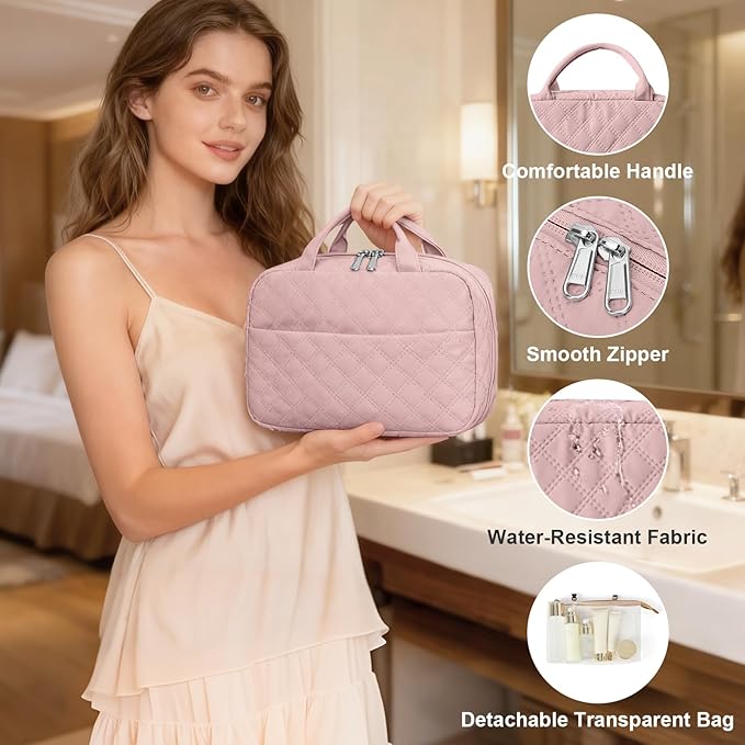 Travel Toiletry Bag For Women Small Hanging Toiletry Travel Makeup Bag lightweight Water-Resistant Toiletries Organizer case portable Cosmetic Bags For Women Pink