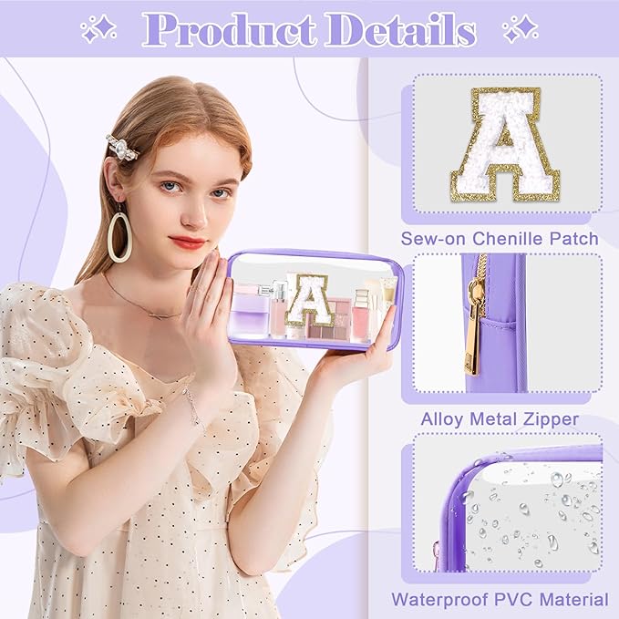 Personalized Initial Letter Clear Makeup Bag,Preppy Small Nylon&PVC Cosmetic Zipper Bag with Chenille Letter,Travel Skincare Toiletry Bag,Monogram Christmas Gift for Teen Girls Women,A