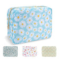 Waterproof Large Floral Makeup Pouch,Nylon Travel Toiletry Storage Purse Preppy Cosmetic Bag for Women Girl,Large Capacity Makeup Organizer Zipper Pouch for Work(L Blue-Daisy)
