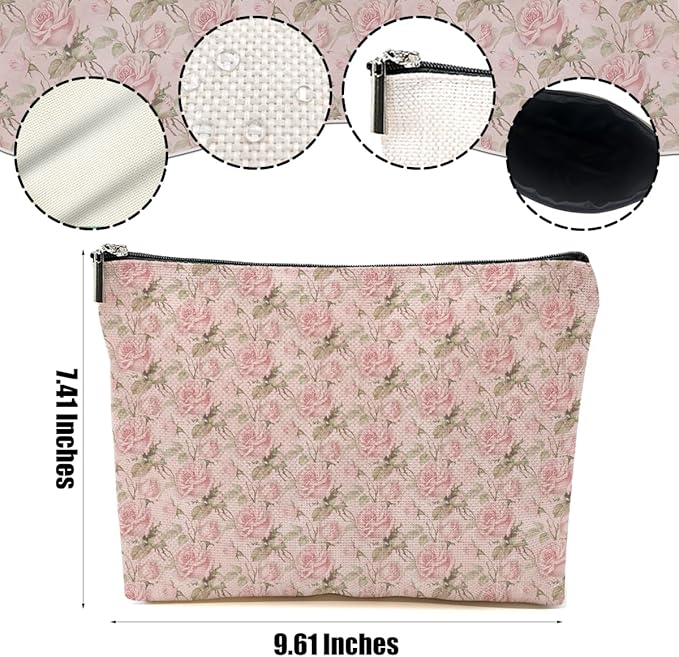 2pcs Pink Vintage Roses Floral Makeup Bag, Pink Coquette Roses Flower Cosmetic Bag Rose Gifts for Women Female Girls Sister BFF Nature Lover, Travel Zipper Pouch Christmas Thanksgiving Birthday Gifts