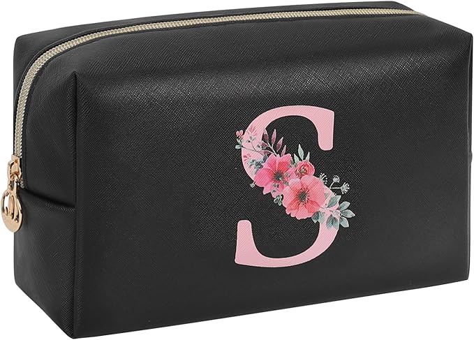 Personalized Initial Makeup Bag, Birthday Gifts for Women and Girls, Small Makeup Pouch Travel Toiletry Bag, Make Up Organizer Bag Gift Trendy Stuff for Friend Mom Teacher, Black