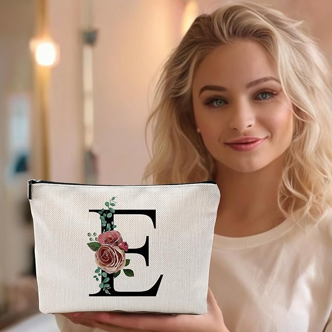 Initial A-Z Personalized Letter Makeup Bag, Monogrammed Bridesmaid Gifts/Presents Cosmetic Bag, Portable Stationery Storage Organizer Pouch, Friendship Love Travel Makeup Bags