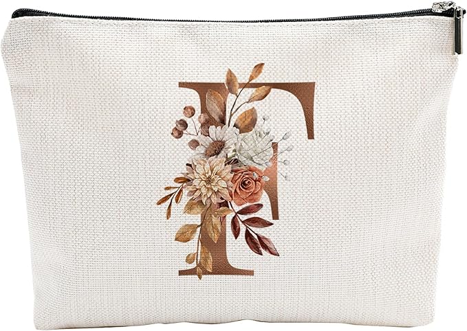 A-Z Boho Personalized Cosmetic Bag-Floral Cotton Letter Makeup Bag With Zipper-Artistic Cosmetic Bag For Travel-Bride,Birthday Gift For Women Daughter Friends-Women Makeup Organizer-A06