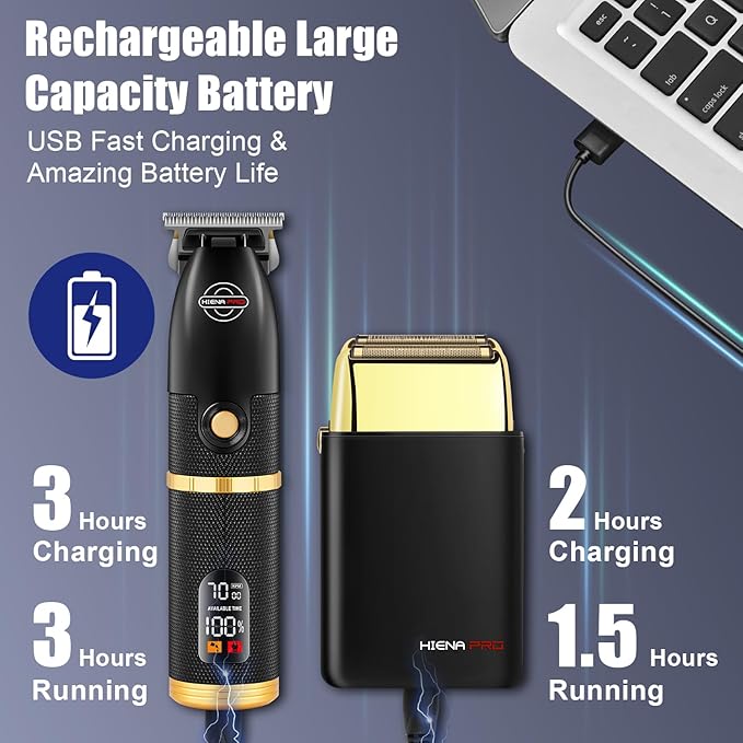 HIENA PRO Hair Trimmers and Foil Shaver for Men Kit,Men Professional Cordless Barbers Hair Clippers with LCD Display,Black Gold Zero Gapped Hair Trimmer, Double Foil Shaver