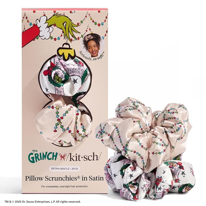 The Grinch x Kitsch Pillow Satin Scrunchies for Women - Hair Ties No Damage, No Crease Hair Accessories | For Day or Night Use | Ideal Gifts for Women - 2pcs