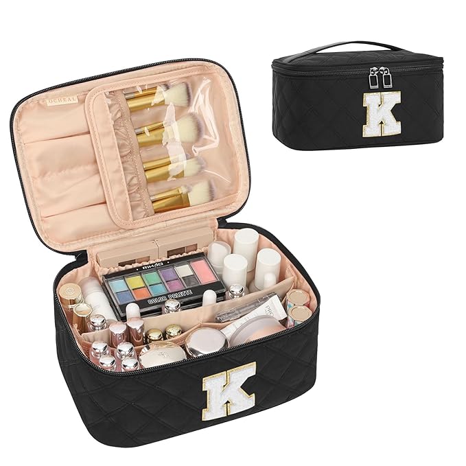 OCHEAL Makeup Bag for Women, Monogram Cosmetic Bag with Brush Holder,Black Travel Makeup Case Beauty Toiletry Bag Organizer Personalized Gifts for Girls Bridesmaid, Sister, Wife, Friends Initial K