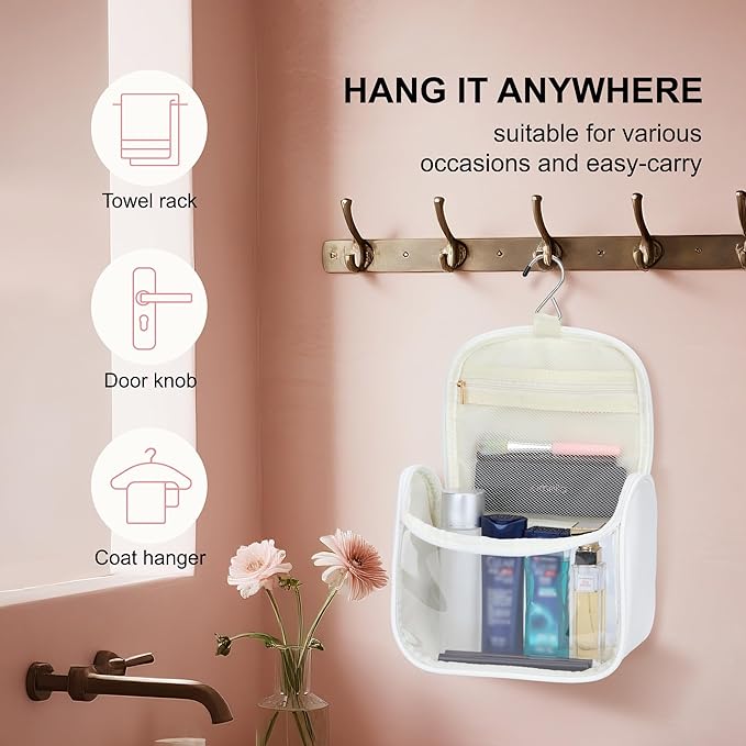 YFG Travel Toiletry Bag for Women & Men, Transparent Cosmetic Organizer with Hook, Portable, Organizer, for Travel-Sized Shampoo, makeup Accessories, Brushes Set, Conditioner, Medium Size White