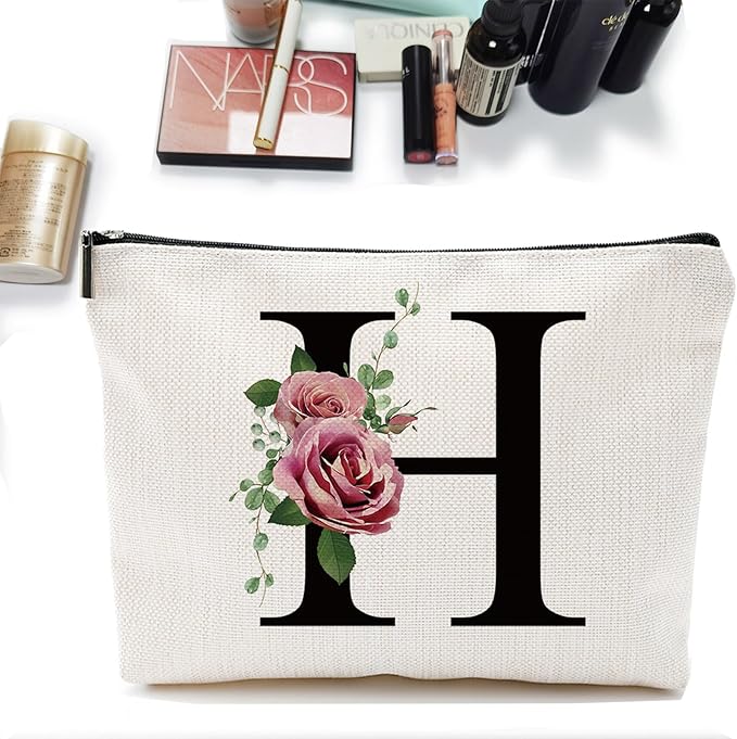 Initial A-Z Personalized Letter Makeup Bag, Monogrammed Bridesmaid Gifts/Presents Cosmetic Bag, Portable Stationery Storage Organizer Pouch, Friendship Love Travel Makeup Bags