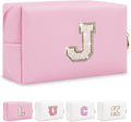 Initial Letter Patch Makeup Bag, Small Preppy A-Z Glitter Letter Cosmetic Bag, PU Leather Waterproof Travel Toiletry Bag, Cute Make Up Pouch Personalized Monogrammed Gift for Women Teen Girls