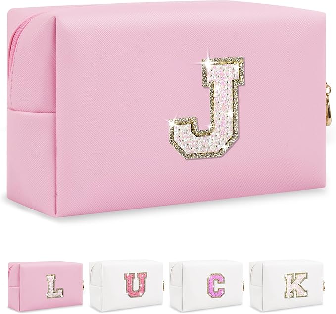 Initial Letter Patch Makeup Bag, Small Preppy A-Z Glitter Letter Cosmetic Bag, PU Leather Waterproof Travel Toiletry Bag, Cute Make Up Pouch Personalized Monogrammed Gift for Women Teen Girls