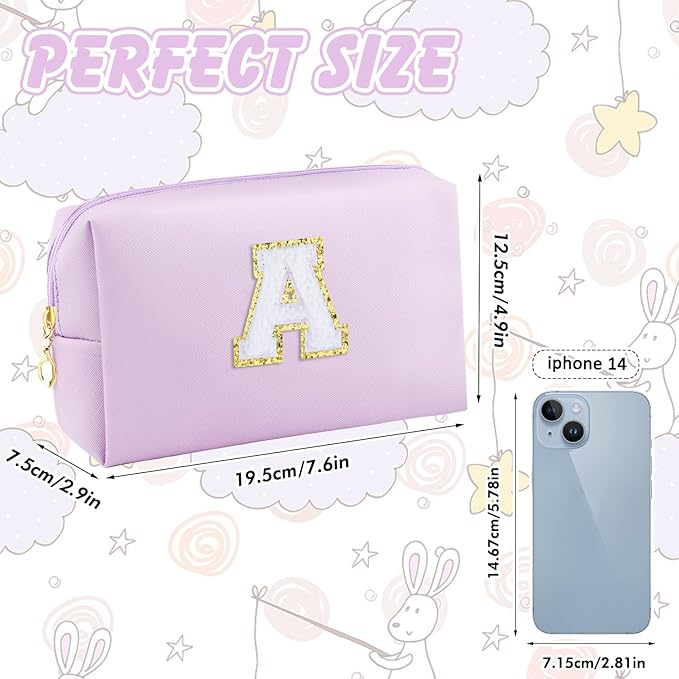 Gifts for Girls Initial Makeup Bag Personalized Cosmetic Bag with Zipper Cute Travel Toiletry Bag Waterproof PU Preppy Makeup Pouch Birthday Gift for Teen Girls Women(Purple A)