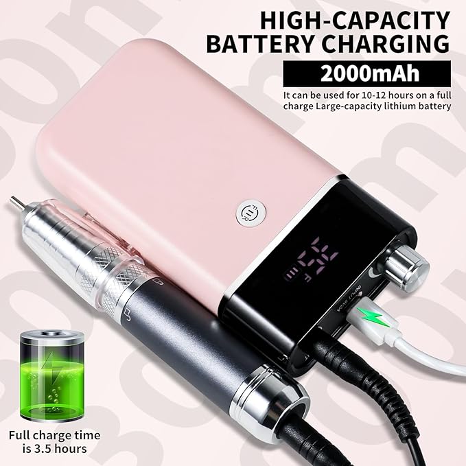 Professional Electric Nail Drill Kit Pink Portable Rechargeable Cordless Nail File Machine 35000 RPM with 7PCS Bits for Acrylic Gel Powder Nails Polish Pedicure Toenail Tool Salon Set
