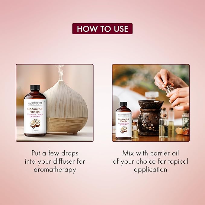 Majestic Pure Coconut Vanilla Essential Oil with Glass Dropper - 2 Fl Oz - 100% Pure and Natural Coconut Vanilla Oil - Premium Grade Essential Oils for Diffuser, Aromatherapy, Soap and Candle Making
