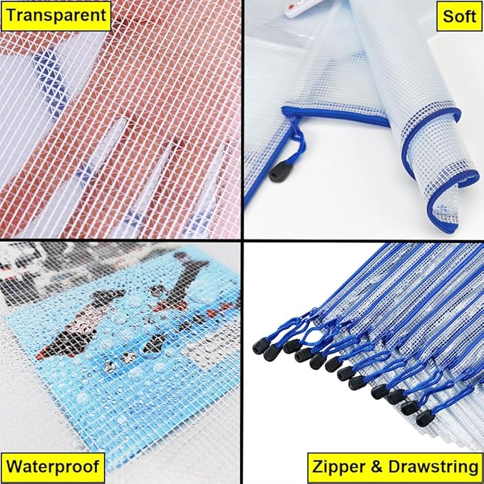 AUSTARK 10 Pcs Zipper File Bags, Waterproof Plastic Mesh Pouch for Office School, Board Game Storage Bags (B6 Size 7.6''x5.3'', White and Blue)