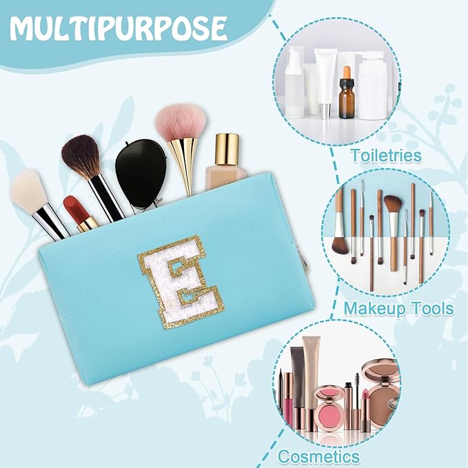 Personalized Chenille Letter Preppy Patch Makeup Bag, Small Blue Cosmetic Organizer Initial Toiletry Zipper Pouch Monogram Makeup Storage, Waterproof Makeup Case Travel Essentials for Women(Letter E)