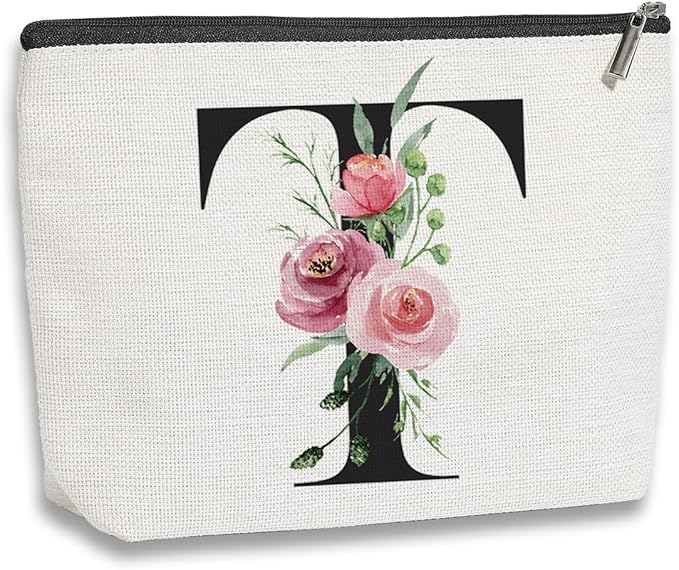 Initial Makeup Bag, Personalized Gifts for Women, Bridesmaid Gifts, Birthday Gifts for Women Mom, Gifts for Best Friend, Bride Bridesmaid Cosmetic bag (Letter T)