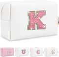 Initial Letter Patch Makeup Bag, Small Preppy A-Z Glitter Cosmetic Bag, PU Leather Waterproof Travel Toiletry Bag,Cute Make Up Pouch Personalized Monogrammed Gift for Women Teen Girls(Letter K)