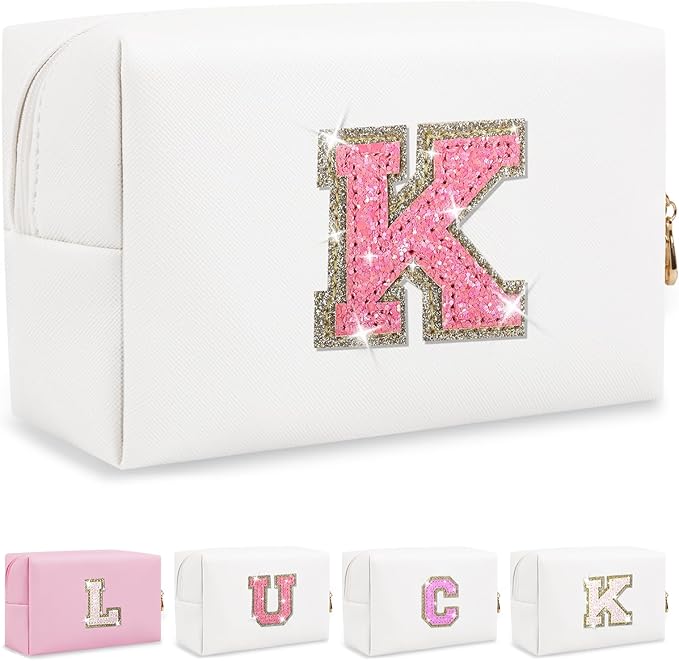 Initial Letter Patch Makeup Bag, Small Preppy A-Z Glitter Cosmetic Bag, PU Leather Waterproof Travel Toiletry Bag,Cute Make Up Pouch Personalized Monogrammed Gift for Women Teen Girls(Letter K)