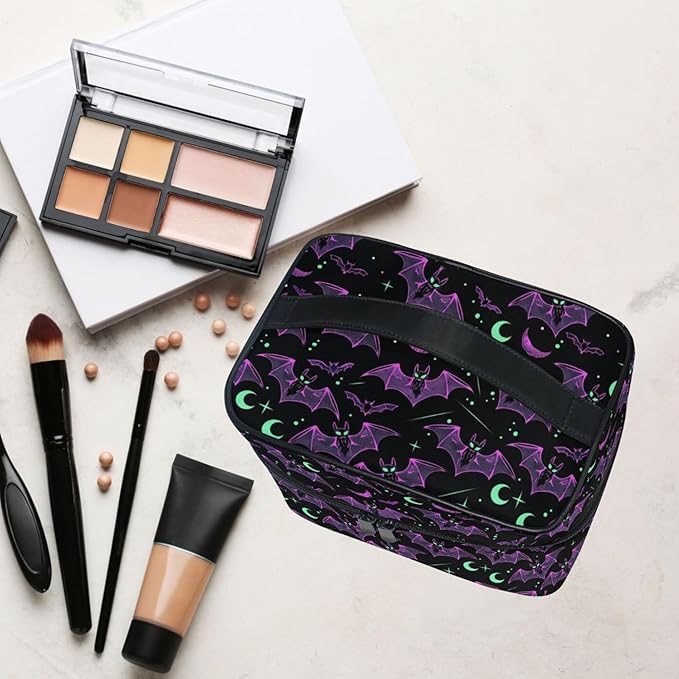 MNSRUU Makeup Bags, Neon Purple and Bats Stars and Moons Makeup Organizer Bags Toiletry Bag Box Travel Cosmetic Bag Make Up Train Case for Women Teen Girl Ladies