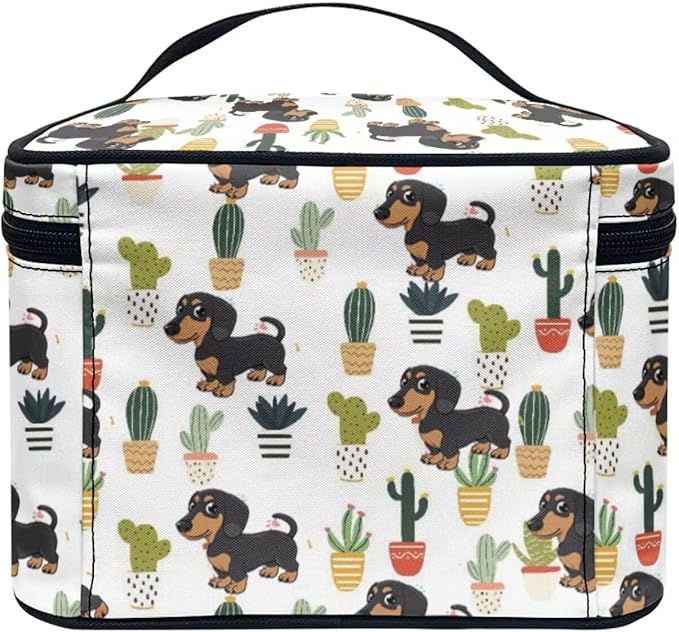 JoyLamoria Cute Dachshund Cactus Makeup Case Portable Cosmetic Bag Toiletry Containers for Women Girls