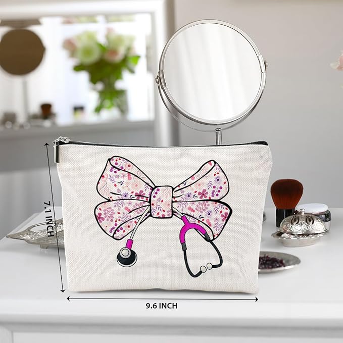 Nurse Gifts, Pink Bow Makeup Bag, Nurse Accessories Funny Horse Cosmetic Bag, Doctor Gift Nursing Travel Organizer Zipper Pouch Thank You Nurses Week Gifts for Women Coworker Physician Assistant