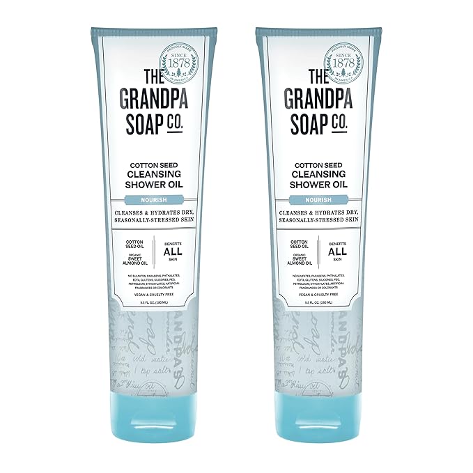 The Grandpa Soap Company Cotton Seed Cleansing Shower Oil - Hydrates Dry Seasonally-Stressed Skin, Nourishing and Moisturizing, With Cotton Seed Oil and Sweet Almond Oil, 9.5 Fl Oz., 2 Pack
