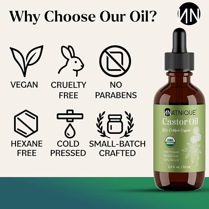 Natnique Castor Oil 2oz – USDA Certified Organic, 100% Pure Cold Pressed Unrefined Oil for Hair Growth, Eyelashes, Eyebrows & Scalp – Natural Skin Moisturizer, Lash Serum & Hair Treatment