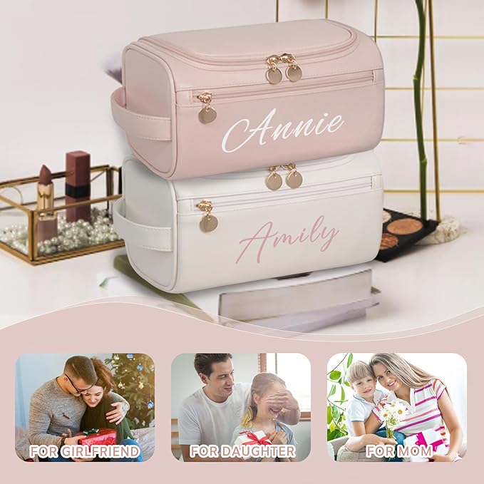 Personalized Makeup Bag for Women, Printed Initials Name Cosmetic Bag with Handle, Customized PU Leather Travel Toiletry Bag for Girls, Gifts for Bridesmaid, Daughter, Wife, Mothers Day