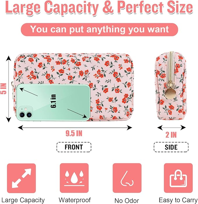 Nylon Small Floral Makeup Bag for Purse, Cute Preppy Pink Makeup Bag Flower Cosmetic Zipper Pouch, Waterproof Portable Travel Toiletry Makeup Brush Bag Organizer Storage for Women Girls(Pink-Floral)