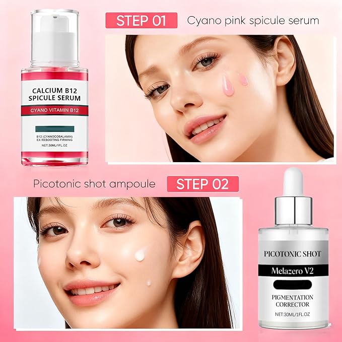 Cyano Pink Spicule Serum + Picotonic Shot Ampoule Duo,Korean Face Serum With Niacinamide,Pore-Tightening Essence
