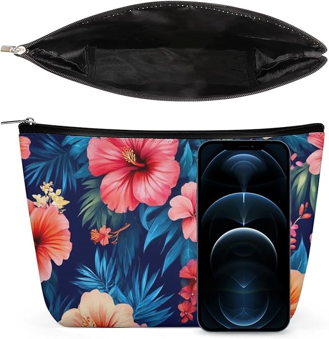 Travel Cosmetic Bag, Large Makeup Case, Toiletry Bag, Personality Fashion Zipper Cosmetic Case Tropical Hawaiian Colorful Hibiscus Flowers
