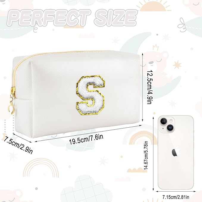 Gifts for Girls Initial Makeup Bag Personalized Cosmetic Bag with Zipper Cute Travel Toiletry Bags Waterproof PU Preppy Makeup Pouch Birthday Gift for Teen Girls Women(White S)