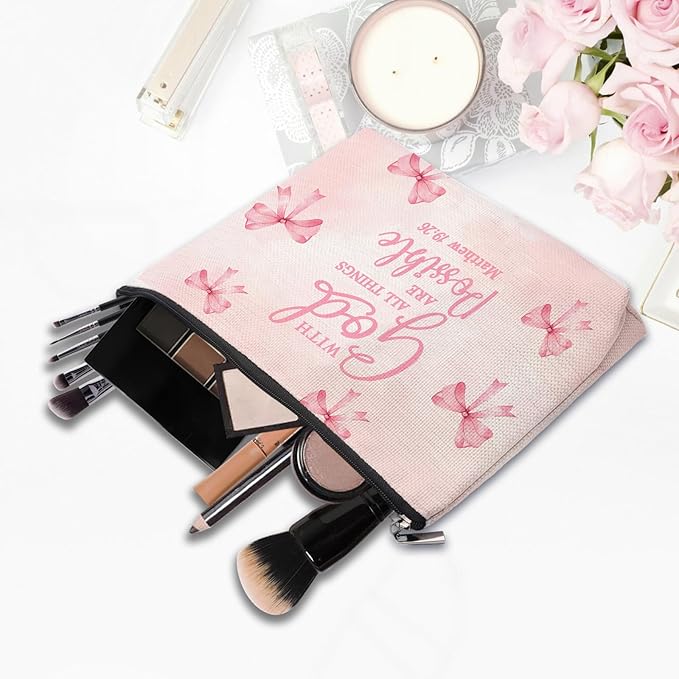 Bible Makeup Bag for Women, Christian Gifts for Women, Prayer Bible Supplies, Cute Aesthetic Coquette Pink Bow Cosmetic Bag Pouch