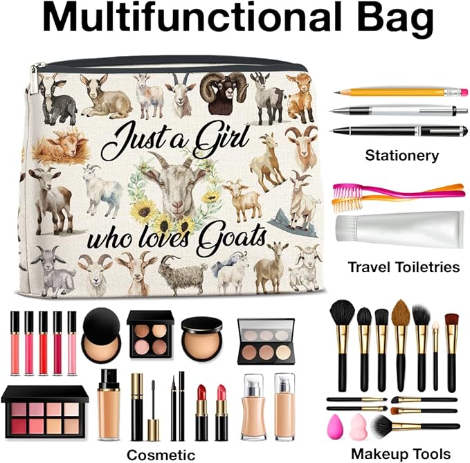 Makeup Bag Funny Goat Lovers Gifts for Women, Just a Girl Who Loves Goats Cosmetic Bag Zipper Makeup Pouch