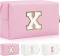 Personalized Initial Letter Patch Makeup Bag, Preppy Portable Chenille Cosmetic Bag with Zipper, PU Leather Waterproof Travel Toiletry Bag Monogram Make Up Pouch for Women Girls