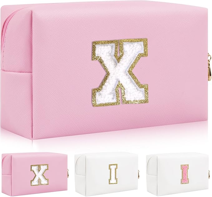 Personalized Initial Letter Patch Makeup Bag, Preppy Portable Chenille Cosmetic Bag with Zipper, PU Leather Waterproof Travel Toiletry Bag Monogram Make Up Pouch for Women Girls